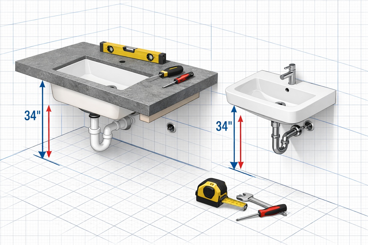 professional large bathroom sink installation diagram showing rough-in measurements and mounting specifications for commercial bathrooms